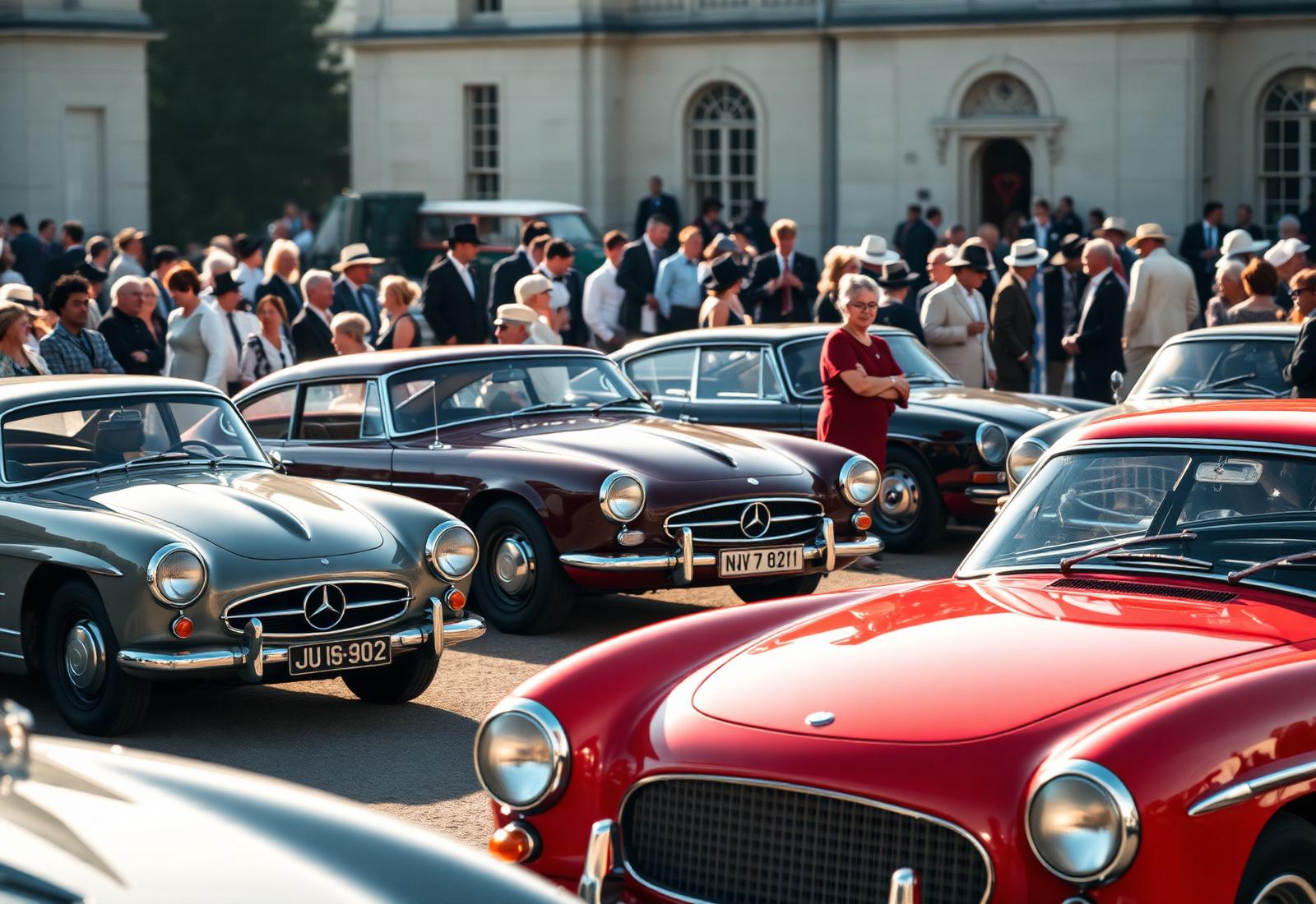 Stylish people gathered at heritage estate around classic European cars